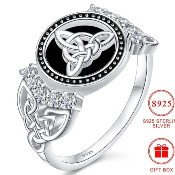 Triquetra Celtic Knot 925 Silver Ring Black Inlay Faux Diamonds NWT - Picture 1 of 4